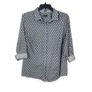 Talbots Woman 22W Navy White Contrast Cuff Button Top Office Wrinkle Resistant